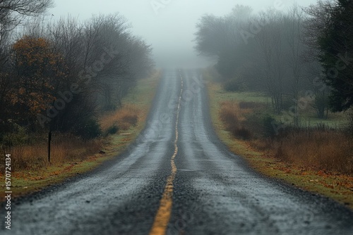 Misty Gray Tarmac Path in the Fog