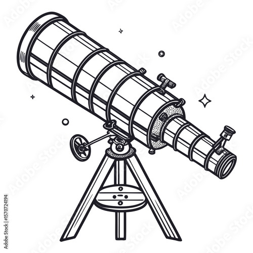 Black and white telescope on tripod astronomy science