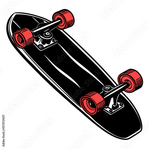 Black skateboard with red wheels sports