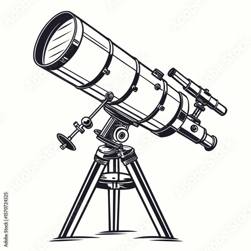 Black telescope on white background astronomy science