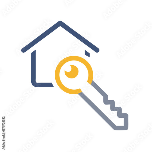 Blue house outline with yellow key home real estate
