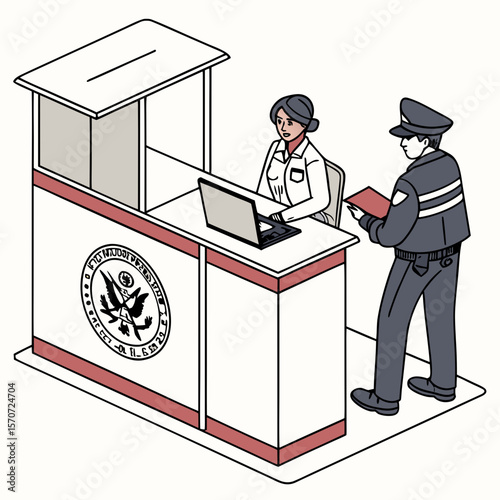 Border control officer checking passport at desk laptop
