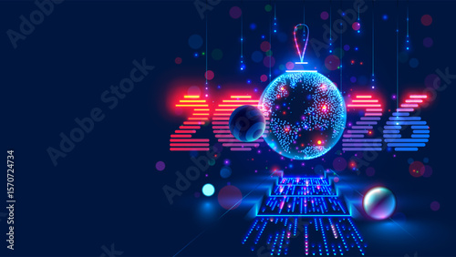 Merry Christmas and New Year Background in computer technology style. Christmas decoration ball in the form of an Earth made of luminous dots hovered over the servers of the data center. Banner 2026.