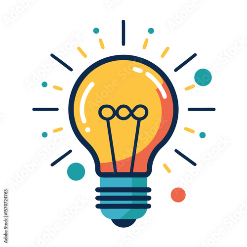 Bright yellow lightbulb with radiating lines and colorful dots idea innovation