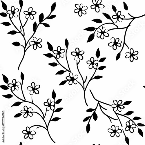 Elegant black and white floral branch pattern with transparency for versatile designs