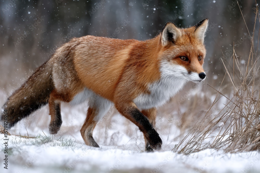 Obraz premium Red fox walks gracefully through a snowy forest landscape during wintertime