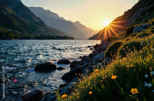 dawn over the river in the mountains. geological exploration of mountainous terrain. organization of tourist routes