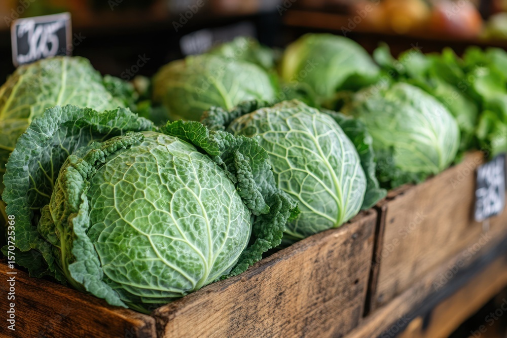 Fototapeta premium Fresh Green Cabbage and Lettuce at the Market
