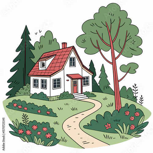 Charming house surrounded by trees and flowers home garden