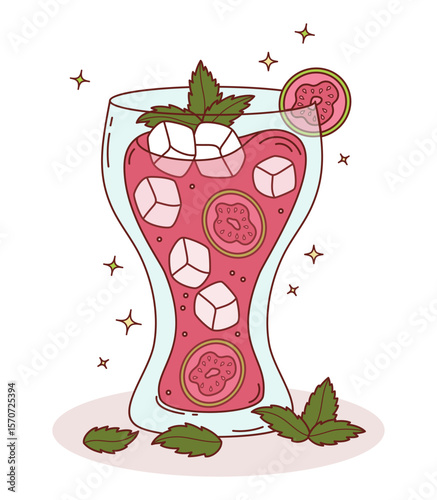 Pink Guava tropical Cocktail with Ice and Mint leaves. Summer Fruit Refreshing Drink with slices guava. Vector Illustration. Not ai