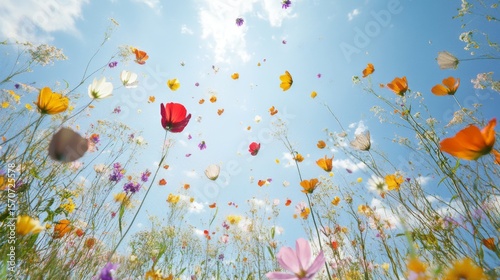 84.A whimsical scene of shattered wildflowers in various hues gently levitating in a crisp, cloudless blue sky, illuminated by rays of sunlight.