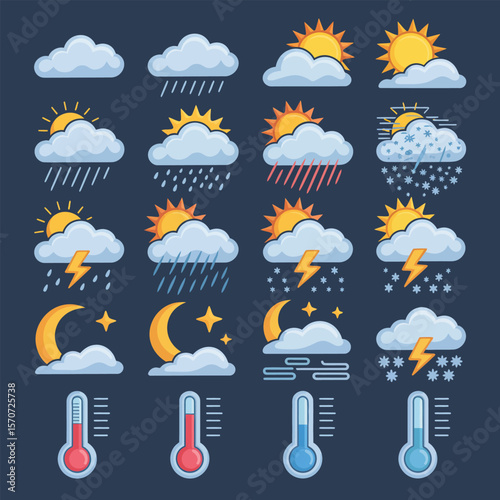 Colorful Weather Icons Set Sun Rain Snow Clouds Night Temperature Thermometers Flat Design Illustration Graphic Elements for Mobile App Website Design