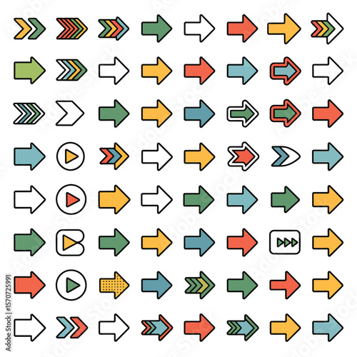 Diverse Grid of Colorful Arrows Icons Vector Illustration featuring various arrow styles including single arrows double arrows triple arrows curved arrows and play button symbols in a