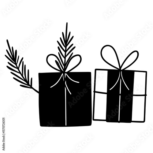 presents wrapped in kraft paper and pine sprigs on white background