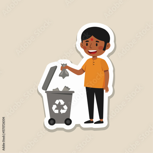 Child Recycling Sticker  Cute Illustration of a Boy Properly Disposing of Waste