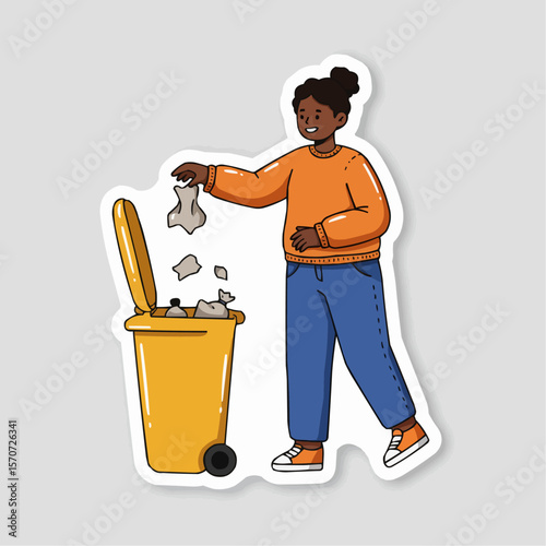 Person Throwing Trash into Yellow Recycling Bin Eco-Friendly Sticker Illustration