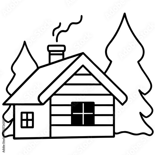 snowy cabin with smoke chimney on white background
