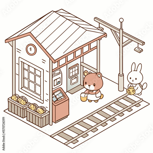 Cute bear and bunny at train station with plush toys isometric