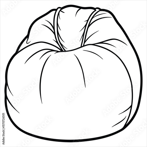 Simple black and white line drawing of a round plump beanbag chair, perfect for illustrating comfort and relaxation in a minimalist style