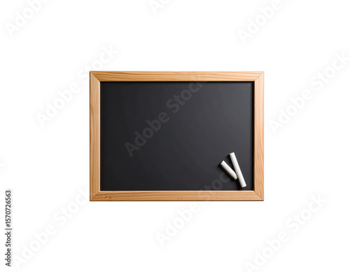 Old blank blackboard with wooden frame and dusty chalk isolated on white background