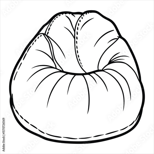 A simple black and white line drawing of a plump, soft, round beanbagchair seen from a slightly elevated angle isolated on a white background