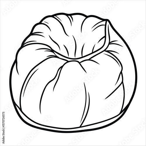 A simple black and white line drawing of a round puffy beanbag chair viewed from a top-down perspective with a white background