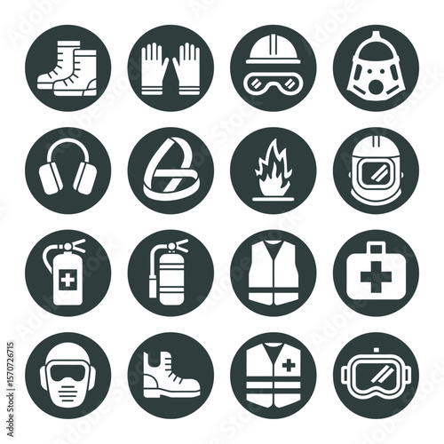 Fifteen Dark Gray Circular Icons Depicting Safety Equipment and Emergency Items Including Boots Gloves Hard Hats Respirators Earmuffs Safety Belts Fire Extinguishers First Aid Kits and High