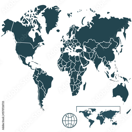 Dark blue continents on white background with globe world map geography