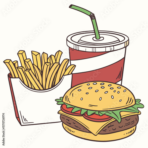Delicious burger fries and soda drink fast food