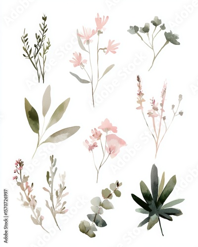 Clean Lines Watercolor Wildflower Botanical Composition Featuring Sage Green Blush Pink Tones In Neutral Palette