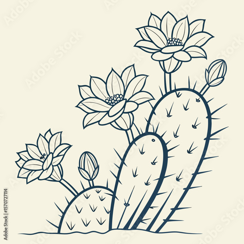 Elegant botanical illustration of a blooming cactus plant in minimalist design