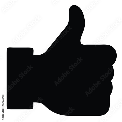 A simple, bold, black silhouette of a hand giving a thumbs-up gesture against a clean white background, representing approval and positivity