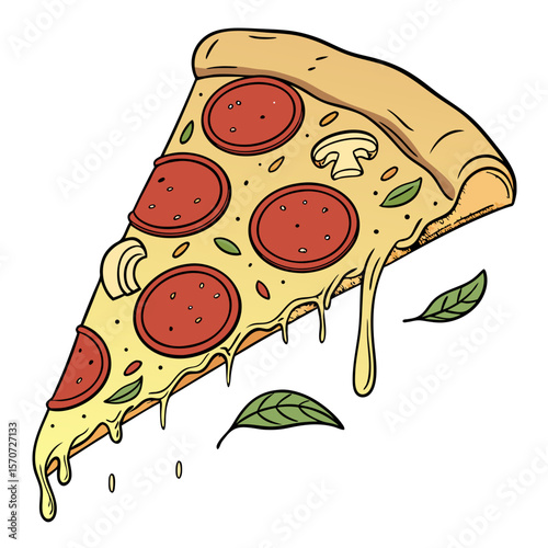 Delicious pepperoni mushroom pizza slice with dripping cheese vector