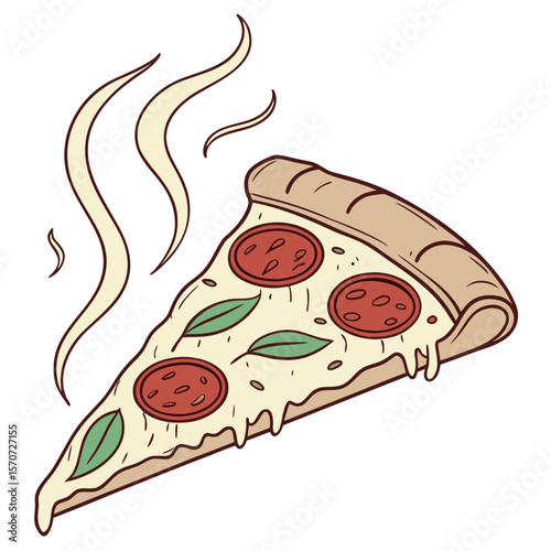 Delicious pepperoni pizza slice with melting cheese and basil vector