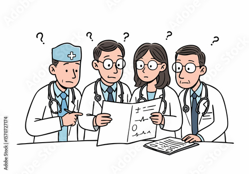 Four confused doctors discuss a medical record with question marks over their heads, illustrating uncertainty in diagnosis or problem-solving in healthcare.