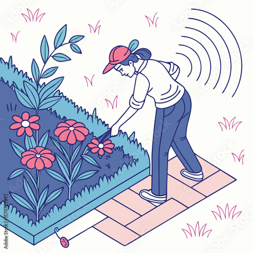 Woman in a red cap tending to a flower bed with pink flowers and green plants in a garden setting outdoors
