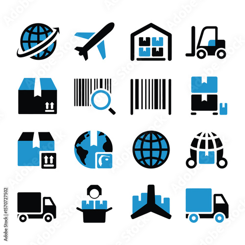 Global Logistics and Supply Chain Management Icon Set Blue and Black Minimalist Graphic Design Elements for Website or App Interface