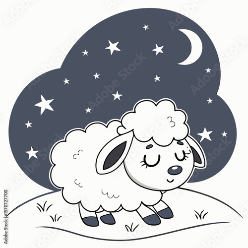 Dreaming sheep under starry night sky and crescent moon vector