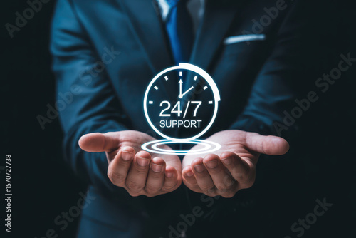 24-hour support services available, customer service concept