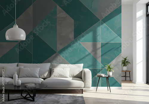 Teal and Gray Geometric Wall Mural in Modern Living Room