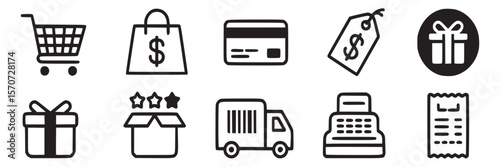 Shopping online e commerce vector icons set for web design and graphic design market place concept on transparent background