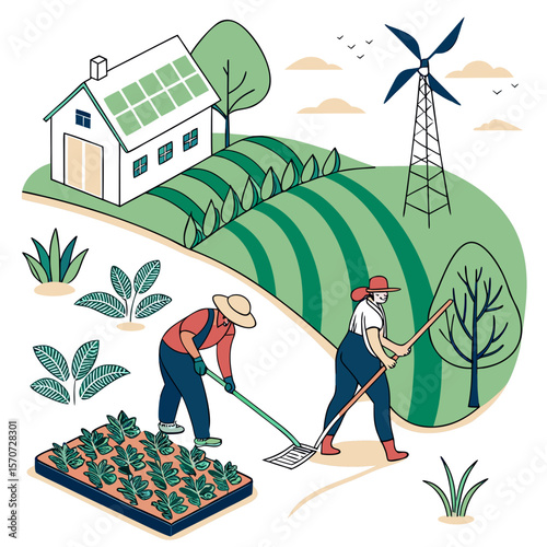 Farmers tending crops near wind turbine and solar powered house farming agriculture