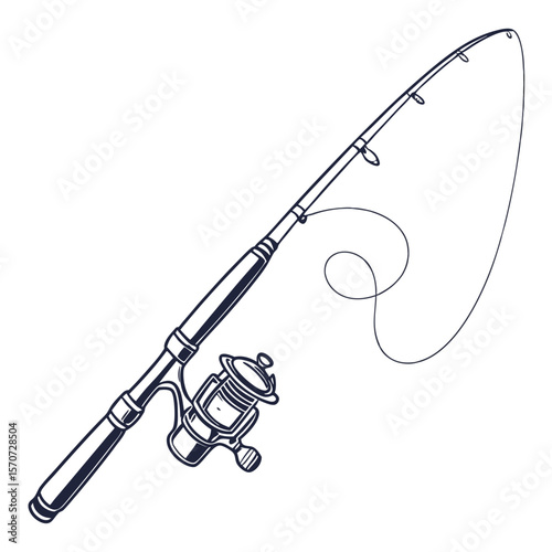 Fishing rod with reel and line on white fishing reel fishing line