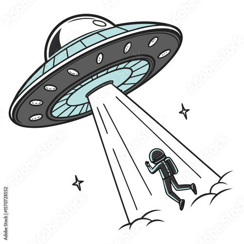 Flying saucer abducting astronaut with light beam alien abduction