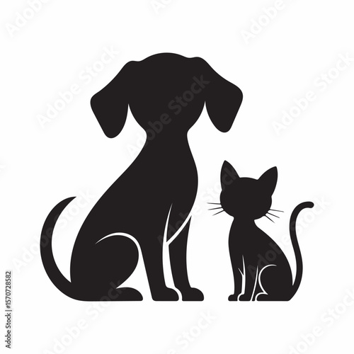 Black Silhouette Dog and Cat Sitting Together pets