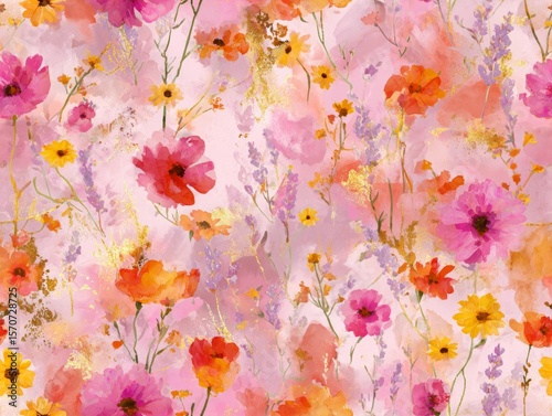 Seamless pastel watercolor floral pattern with wild poppies daisies lavender foliage swirls