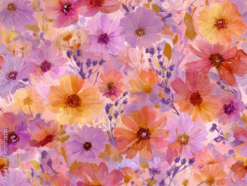 Seamless pastel watercolor wildflower pattern with poppies daisies lavender and subtle brushstrokes