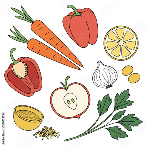 Fresh produce assortment with red peppers carrots apple lemon garlic olives parsley