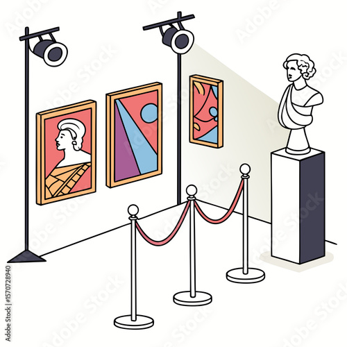 Gallery exhibition with paintings and sculpture vector