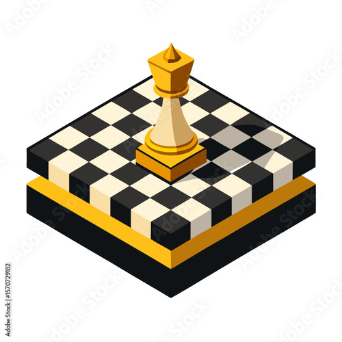 Golden chess king piece on checkered board isometric yellow